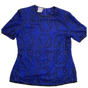 VTG Stenay Beaded Encrusted Silk Top Womens Large Blue Fancy Blouse Short Sleeve